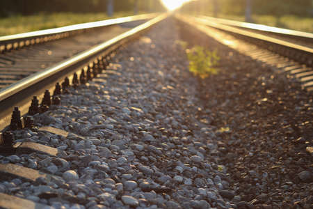 Railroad in motion at sunset. Railway station with motion blur effect against colorful blue sky,...