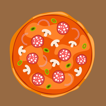 Whole pizza with toppings of onions, green olives, mushrooms, salami or pepperoni. Vector Illustrationのイラスト素材
