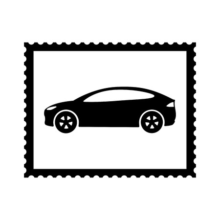 Postal stamp icon with car picture. Auto theme stamp with perforation holes. Vector Illustrationのイラスト素材