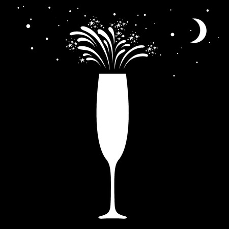 Champagne celebration icon. Festive champagne glass with sparkling fireworks on night sky background. Vector Illustrationのイラスト素材