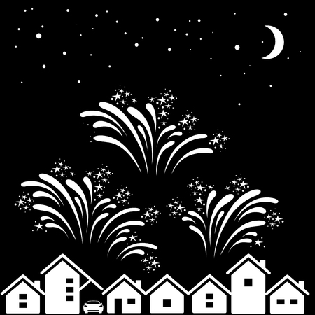 Holiday fireworks icon. Beautiful firework splashes over city skyline on night sky background. Vector Illustrationのイラスト素材