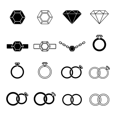 Set of jewelry icons. Solitaire diamond or other gem, rings, chain with precious pendant. Vector Illustrationのイラスト素材