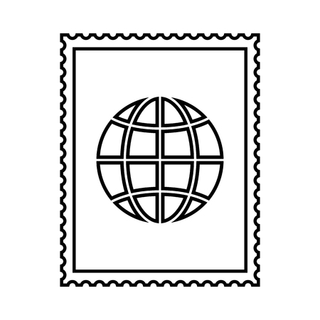 Postal stamp line icon with globe picture. International postal stamp with perforation holes. Vector Illustrationのイラスト素材