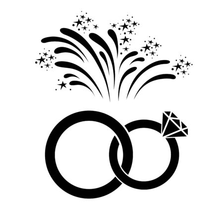 Marriage or engagement celebration icon. Bridal rings and fireworks. Vector Illustrationのイラスト素材