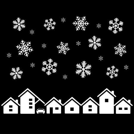 Snowy winter town landscape and skyline. Panoramic view of architecture of small town and falling snowflakes. Vector Illustrationのイラスト素材