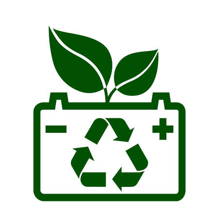 Battery, green leaves and recycling sign. Symbol of battery recycling or reuse. Vector Illustrationのイラスト素材