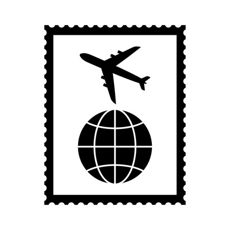 Postal stamp icon with airplane and globe picture. International postal stamp with perforation holes. Vector Illustrationのイラスト素材