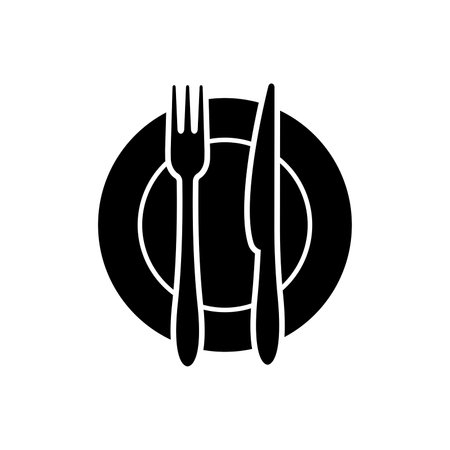 Fork, knife and plate icon. Traditional cutlery, tableware or kitchenware. Vector Illustrationのイラスト素材