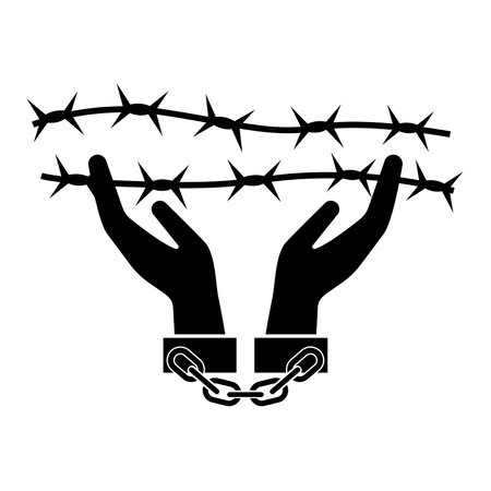 Handcuffs, manacles or shackles icon. Chained, handcuffed hands and barbed wire. Vector Illustrationのイラスト素材