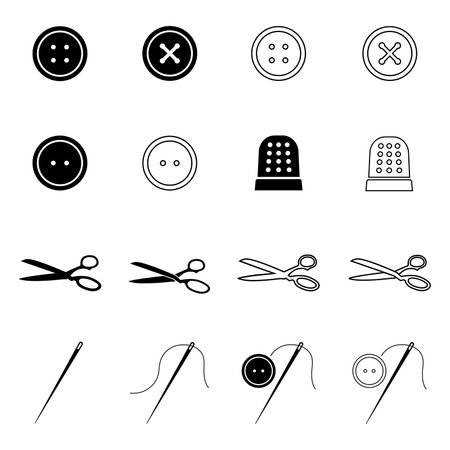Set of icons of tailor tools and accessories. Buttons, thimble, scissors, sewing needle and thread. Vector Illustrationのイラスト素材