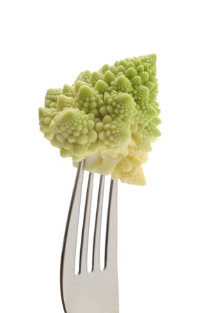 Romanesco broccoli on a fork isolated on white backgroundの写真素材