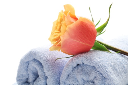 Orange rose and blue towelsの写真素材