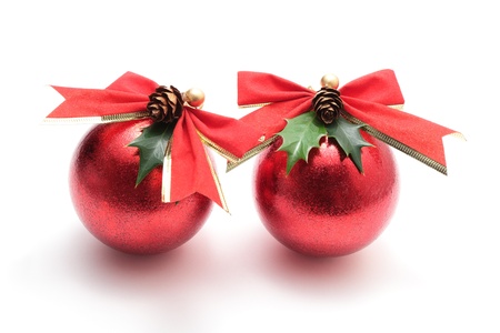 Red christmas balls on white backgroundの写真素材