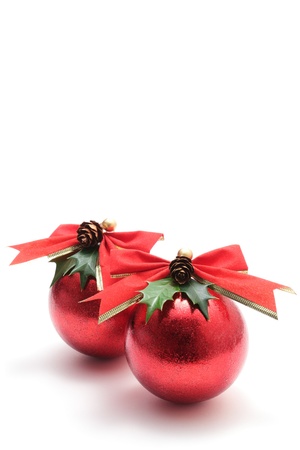 Red christmas balls on white backgroundの写真素材