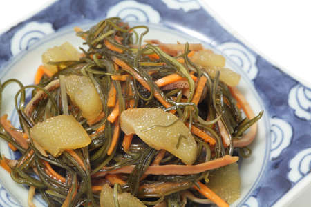 Matsumaezuke, pickled kombu, dried squid, carrot and herring roe with soy sauceの写真素材