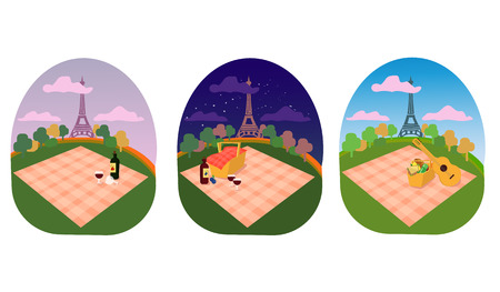 Paris Eiffel Tower place for a family and romantic picnic in the park, spread out a blanket, a basket of food, summer vacation, picnic in town city day and night with star and moonのイラスト素材