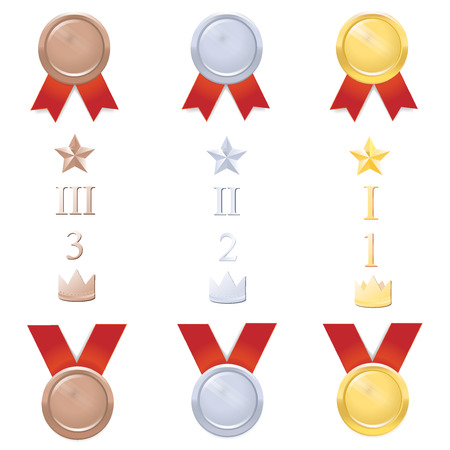 Bid set of gold, silver and bronze medals with red ribbon. Stars, places, crowns.  Vector illustrationのイラスト素材