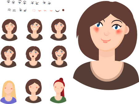 Woman face in different emotions, vector constructions, housewife's facial expression. Girl Avatar.のイラスト素材
