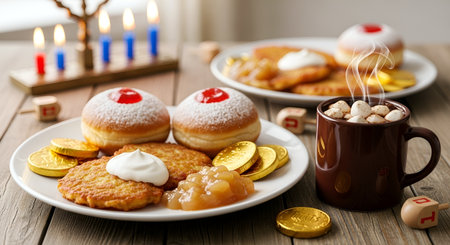 Jewish holiday Hanukkah with sufganiyot and donutsの素材