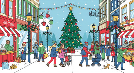 Christmas market in the old town. Vector illustration in cartoon style.の素材