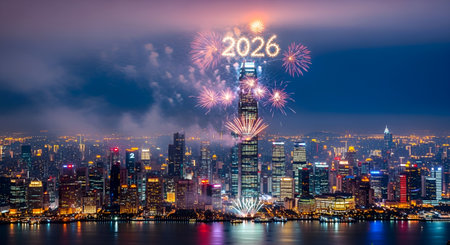 Happy new year 2016 and fireworks over the cityscape of Seoul, South Koreaの素材