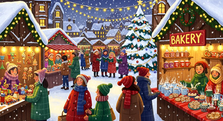 Cartoon winter scene with people on Christmas market - illustration for childrenの素材