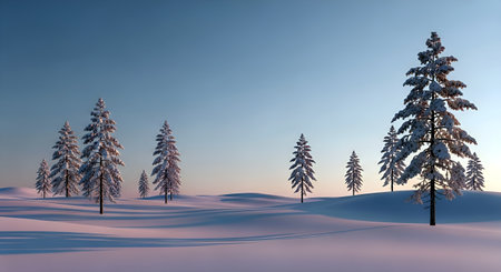 Winter landscape with snow covered fir trees and blue sky. 3d renderの素材