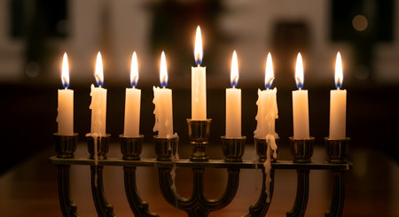 Image of jewish holiday Hanukkah background with menorah (traditional candelabra) and candlesの素材