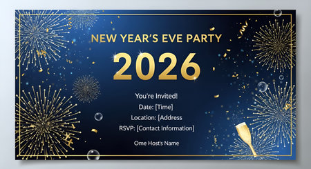New Year's party invitation template with fireworks and champagne glass. Vector illustration.の素材