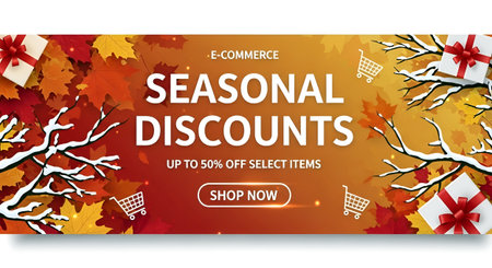 Seasonal discount banner with gift boxes and falling leaves. Vector illustration.の素材