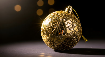 Golden Christmas ball on a black background with bokeh effect.の素材