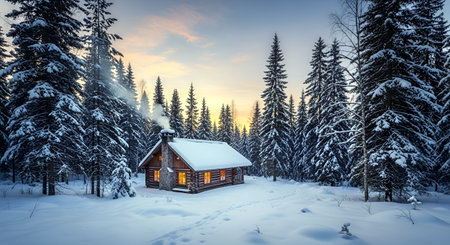 Beautiful winter landscape with wooden house in the forest at sunset.の素材