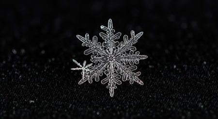 Snowflake on a black background. Macro photo of real snow crystalsの素材