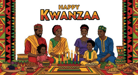 Happy kwanzaa greeting card with family, vector illustration.の素材