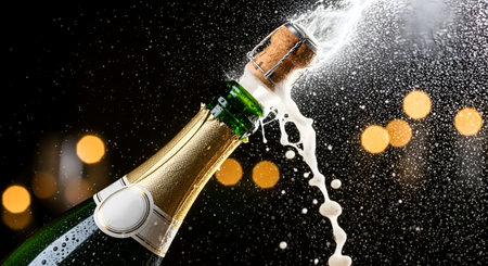 Bottle of champagne with splash and bokeh lights on backgroundの素材