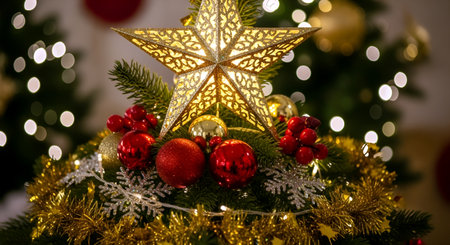 Christmas and New Year holidays background. Decorated Christmas tree with red and gold ornaments and lights bokehの素材