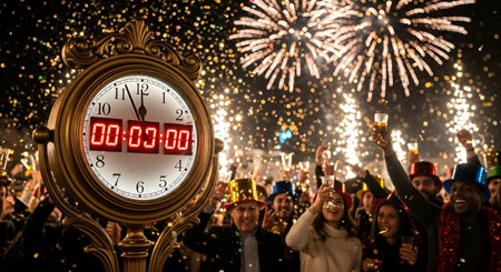 New Year's Eve celebration in Moscow, Russia. People celebrate New Year's Eve with fireworks and a large clock.の素材