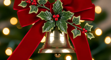 Christmas bell with holly and red ribbon on bokeh backgroundの素材