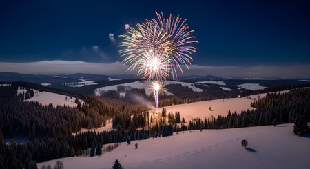 Beautiful firework in the mountains. Winter landscape with fireworks.の素材