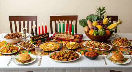 Jewish holiday Hanukkah table with traditional food and candles.の素材