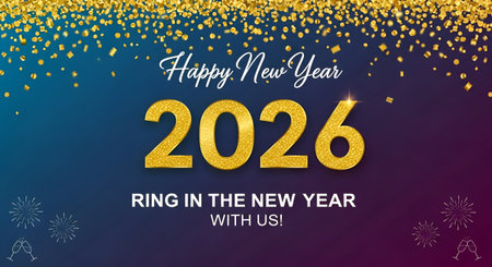 Happy New Year and Merry Christmas. Greeting card with gold confetti and fireworks.の素材