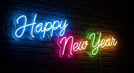 Happy New Year neon sign on brick wall background. Vector illustration.の素材