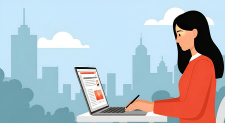 Young woman working with laptop in the city. Flat style vector illustration.の素材