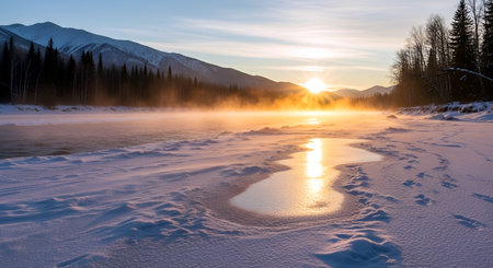 Sunrise over a frozen lake in the mountains. Winter landscape.の素材