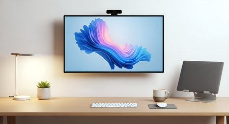 Computer monitor with a picture on the screen in the room. 3D renderingの素材