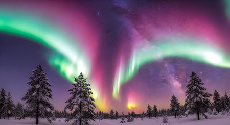 Aurora borealis in the night sky over winter forest.の素材