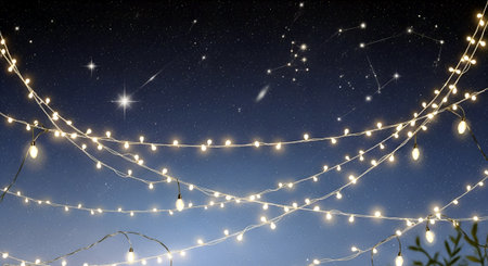 Christmas lights on starry sky background. Glowing garland.の素材