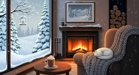 Winter home interior. Cozy winter living room with fireplace, cozy armchair, knitted plaid, Christmas tree, snowflakes on the wall. 3d illustrationの素材