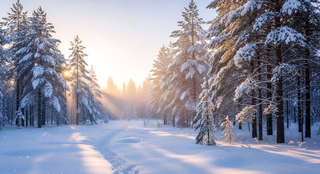 Beautiful winter landscape with snow covered trees in the forest at sunsetの素材