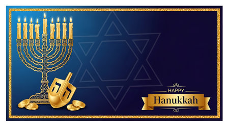Happy Hanukkah greeting card with menorah and gold coinsの素材